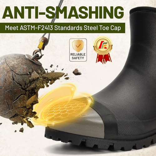 Furuian Men's Steel Toe Rain Boots Ankle Rubber Work Boots Chelsea Rain Boots Waterproof Mud Shoes Non Slip Construction Shoes for Agriculture, Industrial Working, Hunting2