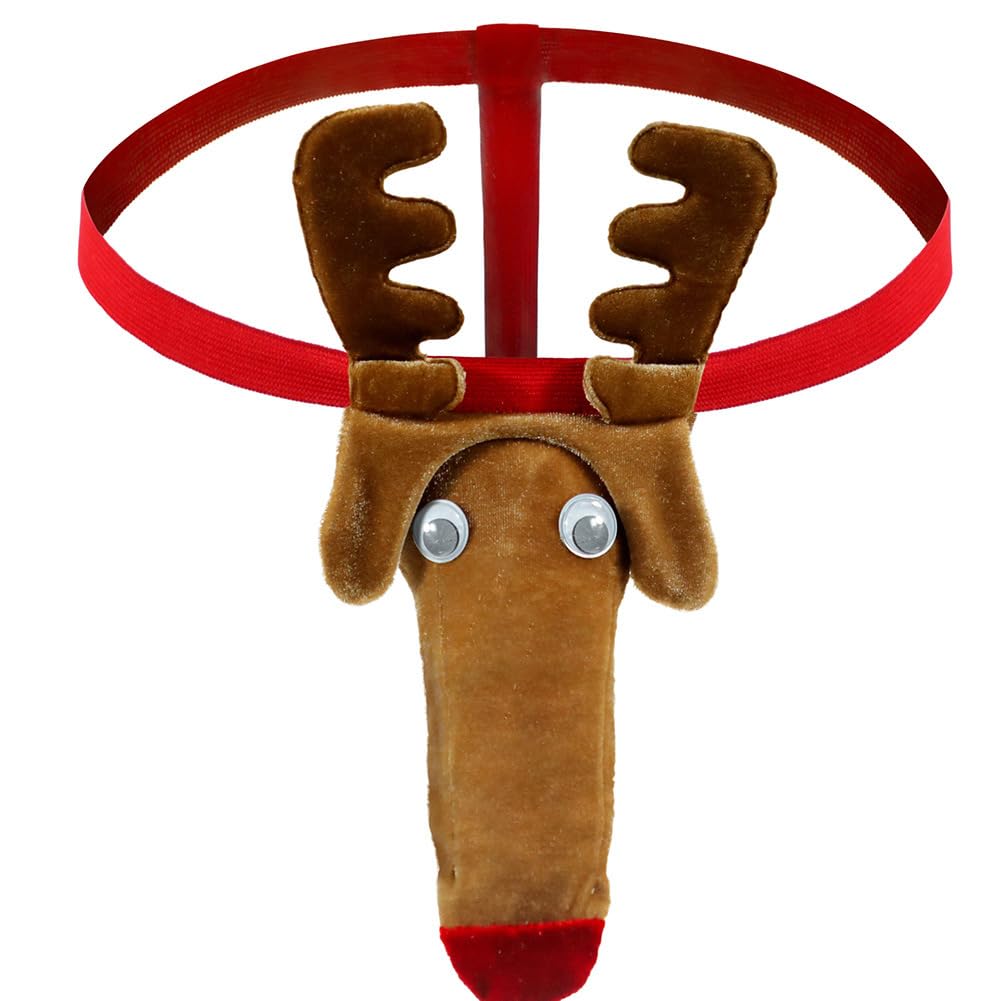 Mankini Christmas Gag Gift Adults Thong Underwear Banana hammock for Men, Men’s Christmas Reindeer G-String Mankini Thong Underwear Brown