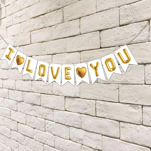 Image of Wobbox White & Golden Balloon inchI Love You inch Bunting Banner for Anniversary, Pre-Wedding & Wedding, Love Banner for Decoration