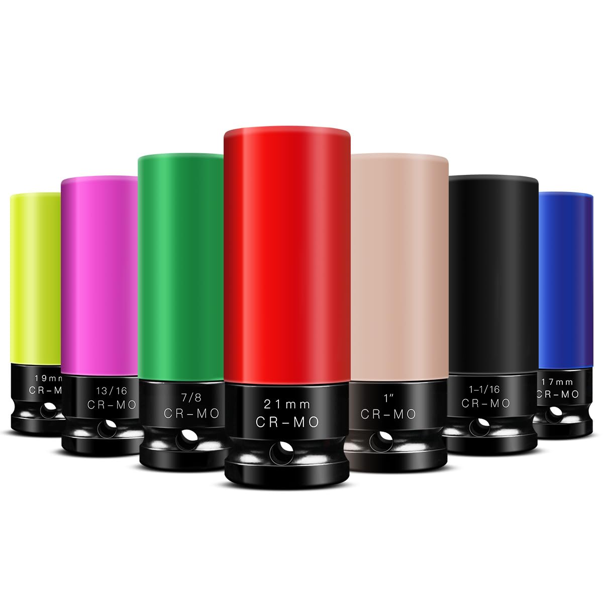 BOEN Juego de 7 llaves de vaso de impacto de 1/2 pulgada, protector de rueda que no daña la pared, sistema métrico 17 19 21 mm | SAE 13/16 7/8 1 1-1/16 pulgadas, diseño de 6 puntos, código de colores,