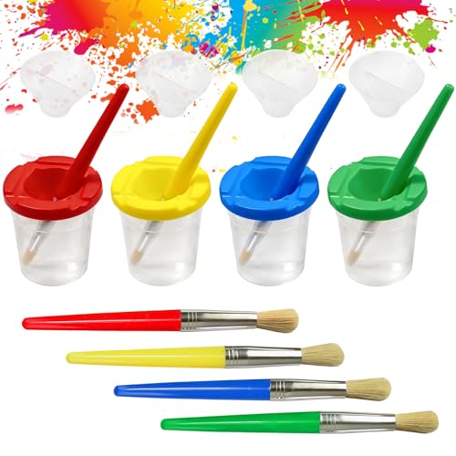 Farbbecher mit Verschüttschutz Malbecher Set Kinder 4 Farben Kein Spill Malbecher mit Deckel & 4 Stück Pinsel Ideal für Wasserfarben und Basteln