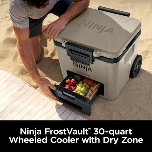 Image of Ninja | Cooler | FrostVault 30QT Cooler with Wheels | Insulated with Temp Dry Storage Drawer | Keeps Ice Cold for Days | for the Beach, Camping, Picnics & More | Birch Beige | FB230CS