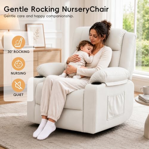 Image of Rocking Recliner Chair for Adults, 360 Swivel Rocker Recliner with Massage and Heating, Manual Glider Rocking Chair with Cup Holders for Living Room Bedroom Nursery (Beige)