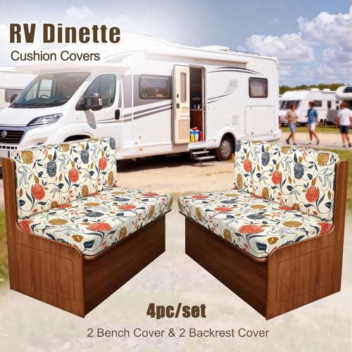 Image of SearchI RV Dinette Cushion Covers, Stretch Camper Cushion Slipcovers for Travel Trailer Couch RV Booth Seat, Replacement Camper Sofa Chair Protector (2 Backrest Cover & 2 Bench Cover, Orange Flower)