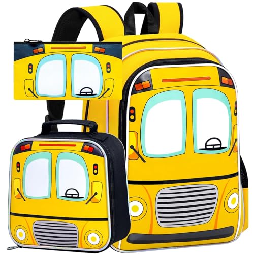 Image of WZLVO 3PCS Bus Bookbag for Boys, 16 inch Cool UV Printing Kids Backpack /School Bag with Lunch Box & Pencil Bag for Preschool to Elementary - Yellow Bus