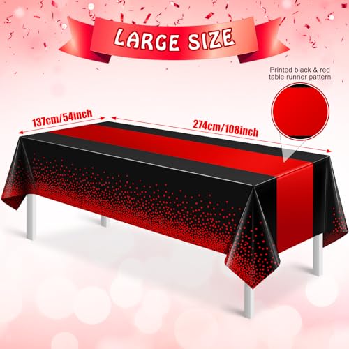 Image of MASHAN 3Pcs Black and Red Tablecloth Party Decorations,Plastic Black Table Cloth Printed Red Table Runner Disposable Rectangle Cover for Birthday Weeding Anniversary Graduation Party,54 x108 Inch