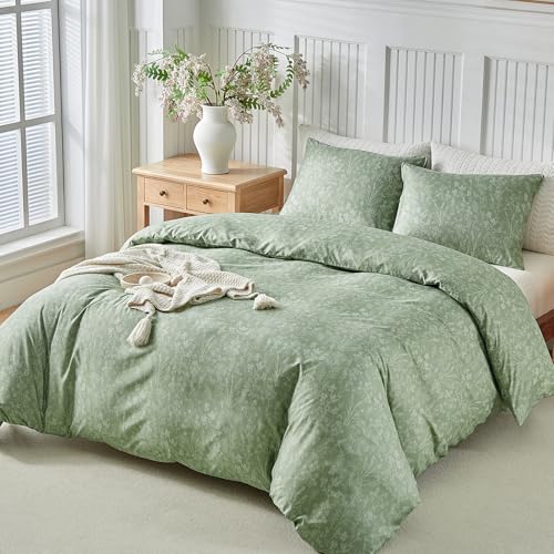 Image of Lekesky King Size Duvet Cover Set, White Floral Pattern King Size Duvet Cover, 3 Piece Green Comforter Cover with Zipper, Ultra Soft Microfiber Bedding Set with 2 Pillowcases