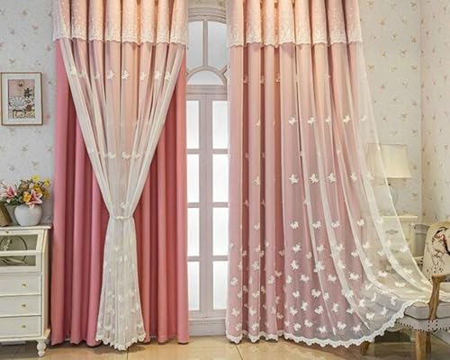 ANAZOZ Cortinas Dormitorio de Ganchos,2 x 107W x 138H CM,Dos Piezas Cortinas de Cocina Opacas Doble Capa con Patrón de Bordado de Mariposa Cortina Salón Rosa