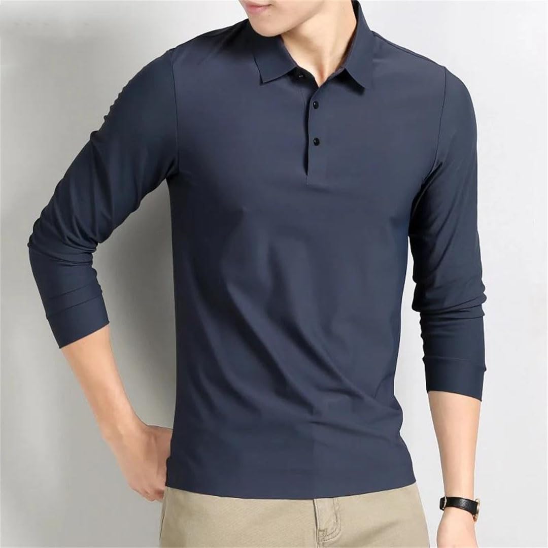 Suéter de manga larga para hombre, con solapa inteligente, de seda de hielo, con botones, elástico, de manga larga