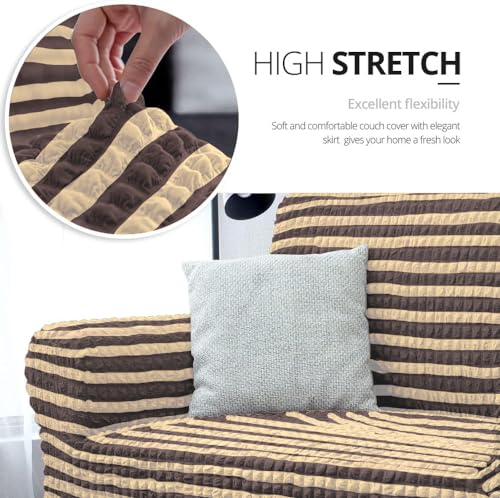 Image of Cortina Elastic Stretchable Universal Sofa Cover with Skirt, Three Seater, Cream /Brown