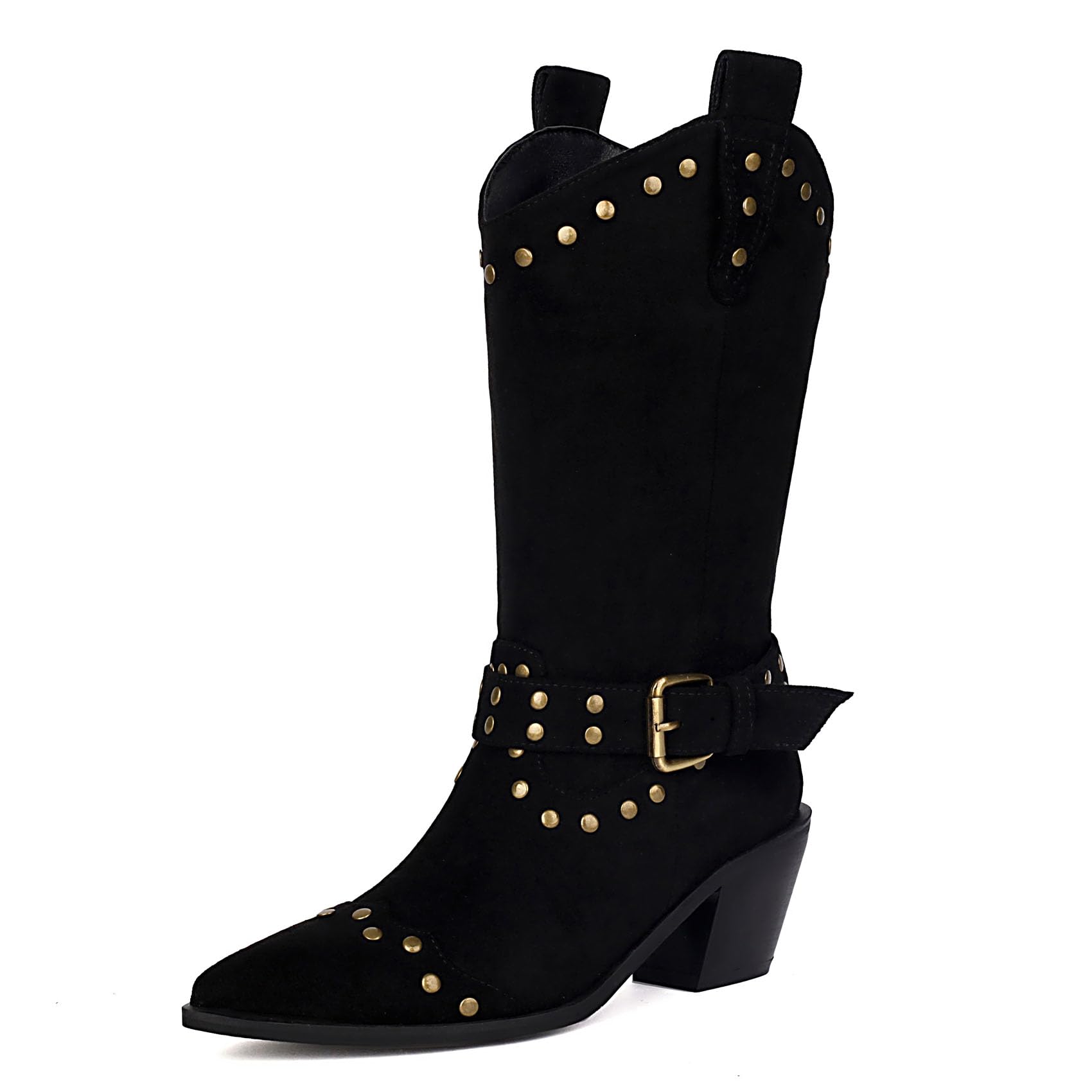 SHEMEE Studded Cowboy Boots for Women Mid Calf Western Boots Chunky High Heels Buckles Riding Boot Faux Suede
