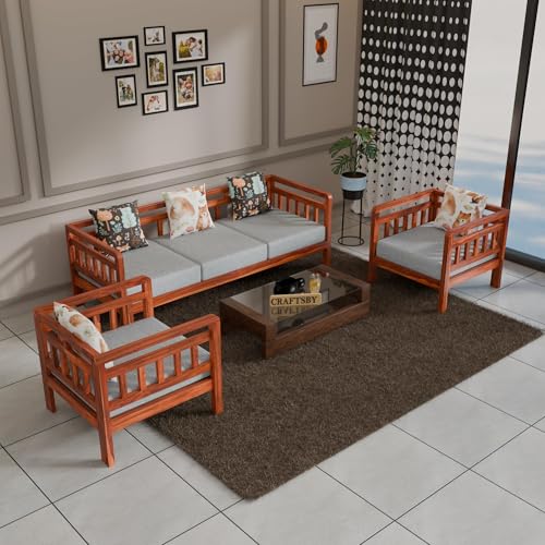 Image of Solid Sheesham Wood 5 Seater Sofa Set Without Centre Table for Living Room | Wooden 3+1+1 Five Seater Sofa Set with 5 Cushions | Modern Sofa Set for Home, Office & Lounge | Grey, Honey Finish