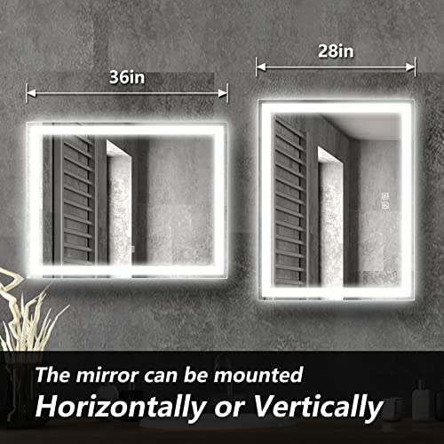 ROOMTEC 36 x 28 Inches LED Bathroom Mirror with Front and Backlit,Anti-Fog,3 Colors and Dimmable Light(Horizontal/Vertical),Silver