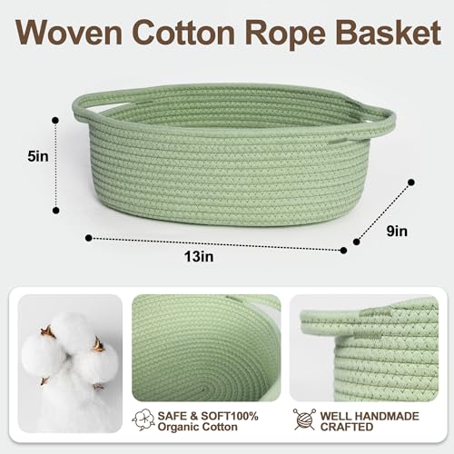 Image of Small Baskets for Gifts Empty, 13 inchx 9 inchx 5 inch Woven Gift Basket with Bag and Ribbon, Cotton Rope Kids Dog Cat Toy Bin Box, Cute Baby Nursery Organizer, Decorative Storage with Handles, Green