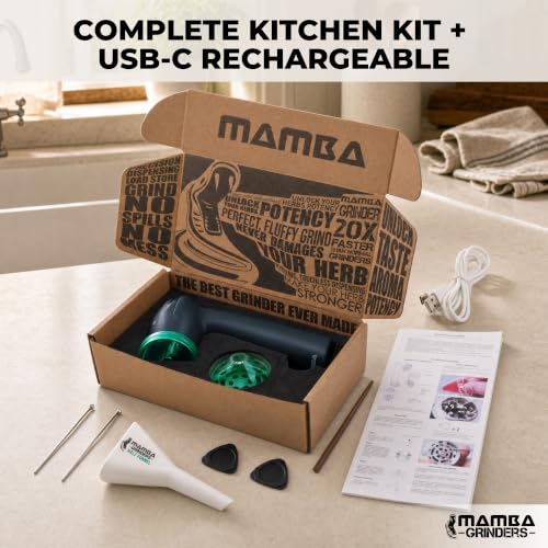 Image of Mamba Original USB One-Hand Spice Grinder with Aluminum Teeth, Gray | Aluminum teeth, one-handed prep, clear cone spout, USB cable, cleaning tools, reverse grinding, portable convenience