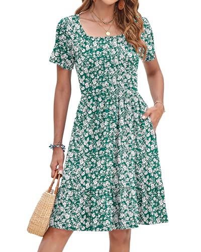 Image of AUSELILY Womens Summer Dresses 2025 Casual Short Sleeve Dress Square Neck A-Line Ruffle Sundress with Pockets