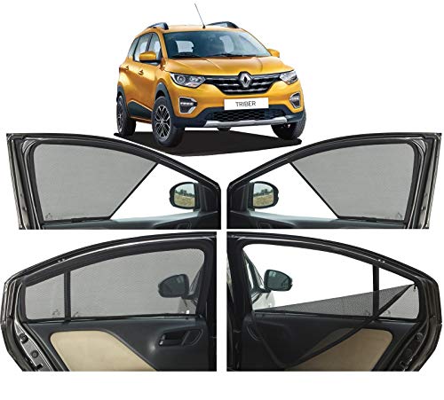 Image of Autofact Magnetic Car Sunshades Compatible with Renault Triber (Set of 4) - Easy Installation, UV Protection, Keeps Car Cool (Front 2 Half-Cut for Side Mirror Visibility, Rear 2 with Zippers)