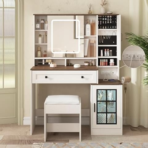 Vabches Makeup Vanity Desk with Sliding Mirror, 41.8'' White Farmhouse Vanity Table with Stool, Jewelry Cabinet & Charging Station, Large Drawer, Visual Cabinet, 3 Lighting Modes, Adjustable Shelves Cover