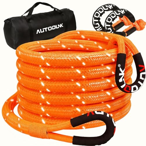 Autodunk 1-1/8' x 30' Kinetic Recovery Tow Rope (48,600lbs), with 2 Soft Shackles Offroad Recovery Kit for 4WD Pick Up Truck, SUV, ATV, UTV (Orange)