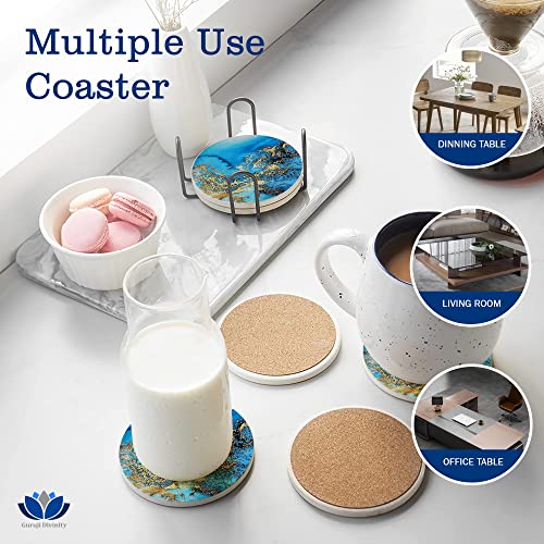 Coasters For Drinks, Round Absorbent Ceramic Stone Coasters Set Of 6 With Cork Base, Funny Drink Coasters With Holder For Cold Drinks Wine Mugs And Cups Tabletop Protection, 4 Inches (Blue) #TOP6
