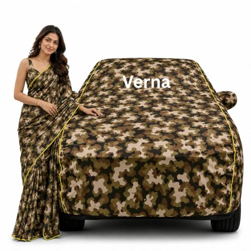 Image of 100% Waterproof Car Cover for Verna All Weather Protection with Mirror Pocket Inner Cotton Layer Triple Stitched Cover with Adjustable Belt Bottom Elastic to Secure Fit-Jungle