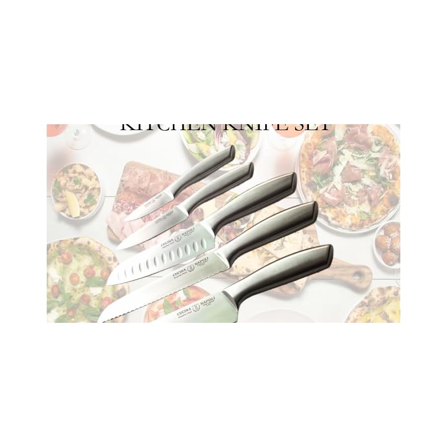 Cucina Napoli Kitchen Knife Set of 5 Piece | Satin Finish Blade with Hollow Handle | Includes 3.5" Paring, 5" Utility, 7" Santoku, 8" Bread, 8" Chef Knives