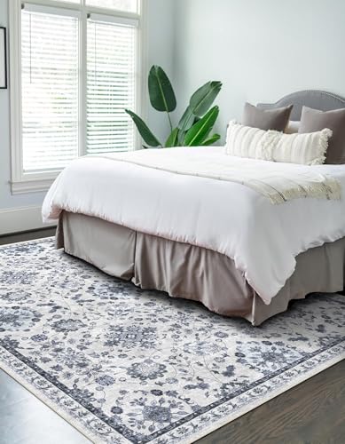vivorug 5x7 Area Rugs, Stain Resistant Washable Rug for Living Room, Floral Rug Vintage Inspired (Ivory/Blue, 5'x7')