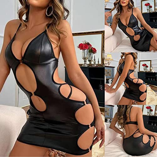 ARIASS Vestido de couro envernizado, conjunto de lingerie de couro PU, body sexy com decote halter,