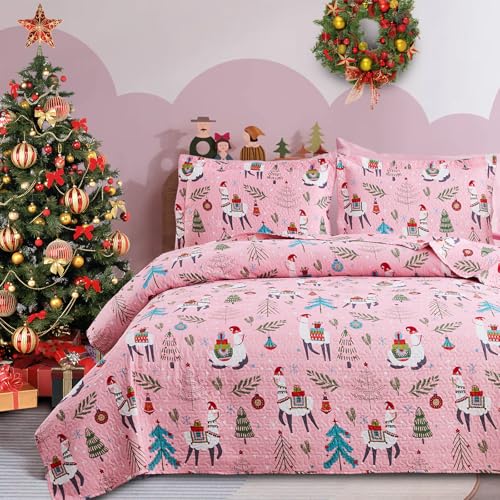 Chino Christmas Bedding Set With Alpaca Pattern, Cartoon Kids Quilt Set Queen Size 3-Piece Bedspread Lightweight Coverlet Comforter Cover For All Season cover