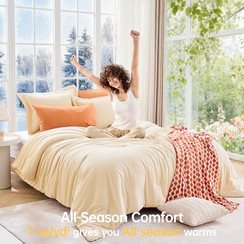 Image of MUXHOMO King Size Comforter Set, All Season Ultra Soft Down Alternative Bedding - 3 Piece Lightweight Bed Set Includes 1 Comforter (104 inchx90 inch) and 2 Pillow Shams (20 inchx36 inch), Light Yellow