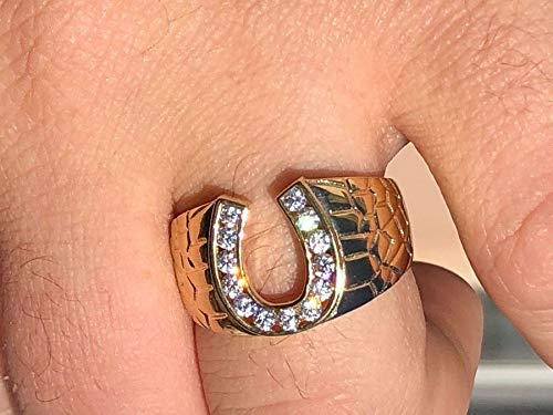 Solid 925 Sterling Silver - 14k Gold Plated - Lucky Horseshoe Ring - Mens Horse Shoe Ring Iced Flooded Out3