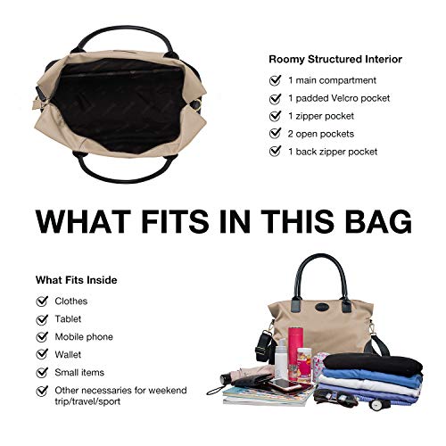 ECOSUSI Duffle Bag Weekender Bag Nylon Overnight Bag Travel Tote Carry On Bag with Trolley Sleeve for Travel, Sports, Beige
