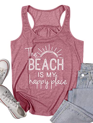 Bangely The Beach Is My Happy Place Tank Tops Women Summer Beach Tank Casual Sleeveless Vacation Shirt Camis (Pink, X-Large) #TOP5