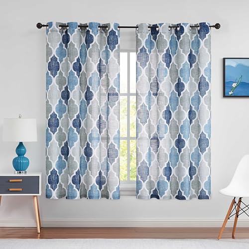 Beauoop Semi Sheer Window Curtains Moroccan Tile Print Panels Quatrefoil Linen Textured Grommet Drapes for Bedroom/Living Room/Kitchen Lattice Window Treatment Set, 50 by 54 Inch, Blue/Grey (2 Panels)