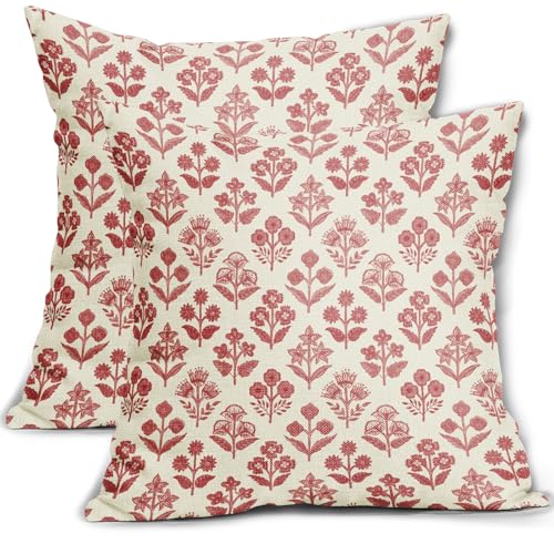 Sivirary Red Floral Pillow Covers 22x22 Inch Set of 2, Vintage Flower Block Pattern Decorative Throw Pillowcases Outdoor Farmhouse Cushion Covers Spring Summer Rustic Sofa Couch Bed Decor