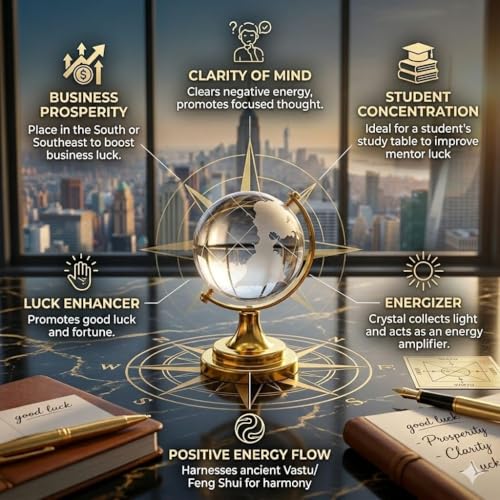 Image of SAUDEEP INDIA Feng Shui Crystal Globe Idol with Golden Stand for Home Decor, Success, Good Luck & Prosperity | Vastu Glass Miniature Globe | Rakhi for Brother with Gift