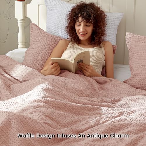 Image of PHF Soft Waffle Comforter Set Queen Size- Comfy Breathable Waffle Weave Comforter with 2 Pillow Shams, 3 Pieces Less Snagging Lightweight Textured Bedding Set for All Season, Rose Pink