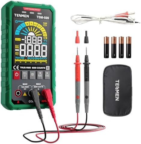 TSM-599 Smart Digital Multimeter, TRMS 6000 Counts, Voltage Tester, Volt Meter with NCV, DC/AC Voltage&Current, Resistance, Continuity, Diode, Capacitance, Hz%, Temperature, Live Wire - Green