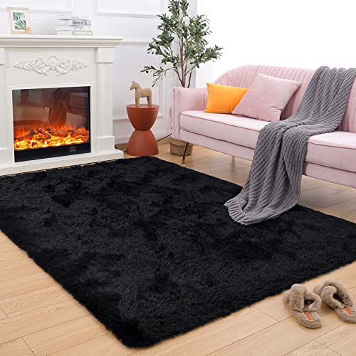Maxsoft Fuzzy Rugs for Living Room, Black Shag Rugs for Bedroom, 5 x 8 Feet, Fluffy Room Carpets for Girls, Kids, Plush Furry Area Rugs for Nursery, Bedside, Floor