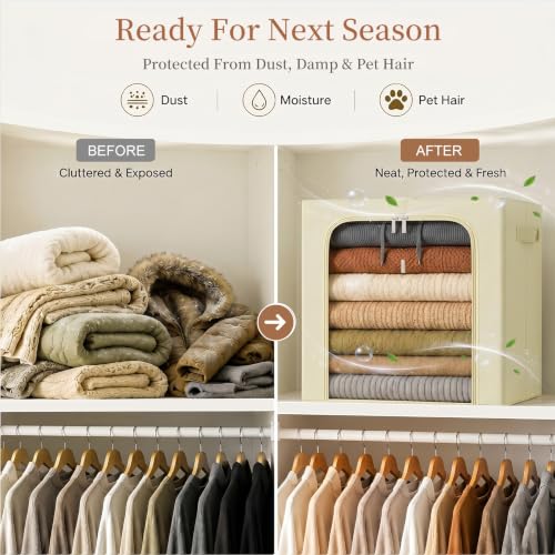 Image of GoMaihe Clothes Storage Bins with Metal Frame, 55L Blanket Storage Boxes for Above Shelf Closet, 4 Pack Stackable Clothing Storage Organizer with Clear Window for Bedding Sweaters Comforters - Beige