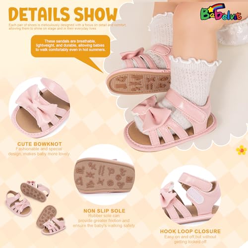 Image of Babelvit Infant Baby Girl Boy Sandals Comfort Premium Summer Outdoor Casual Beach Shoes with Flower Bowknot Anti Slip Rubber Sole Newborn Toddler Prewalker First Walking Shoes