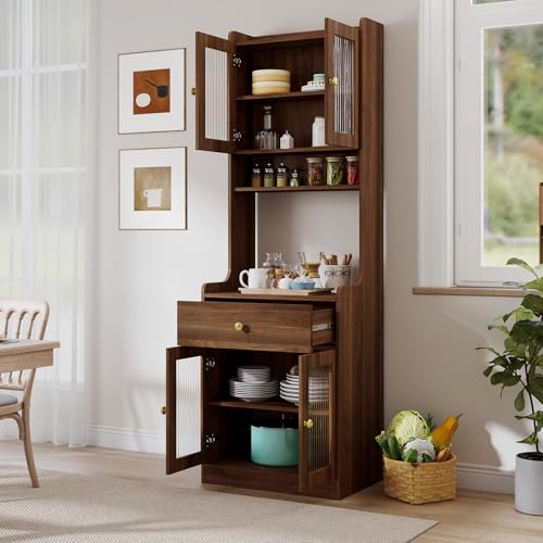 ZEnvya Walnut Farmhouse Kitchen Pantry Cabinet - Freestanding with Microwave