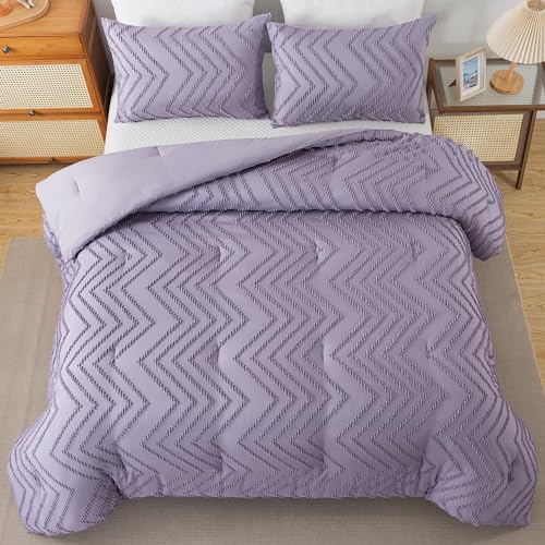 Image of Andency Purple Comforter Set Full Size, Boho Girls Women Lavender Soft Fluffy Warm Lightweight Bedding Comforter Sets for Full Bed, 3 Pieces Chevron Tufted Aesthetic Microfiber Comforter Set