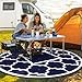 GENIMO 8' Round Outdoor Rug Waterproof for Patio Decor, Foldable Reversible Plastic Straw Area Rugs Mat for Rv, Outside Carpet for Camper, Deck, Picnic, Beach, Balcony, Camper, Blue & White