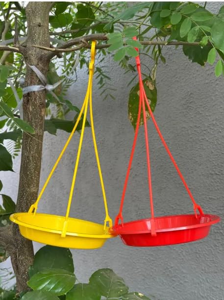 Image of OnlineTree Bird Feeder Hanging Tray for Water | Multi-Color Pack of 3 (Red, Yellow, Green) | Outdoor Bird Water Feeder for Balcony, Garden & Terrace | Hanging Water Bowl for Wild & Pet Birds