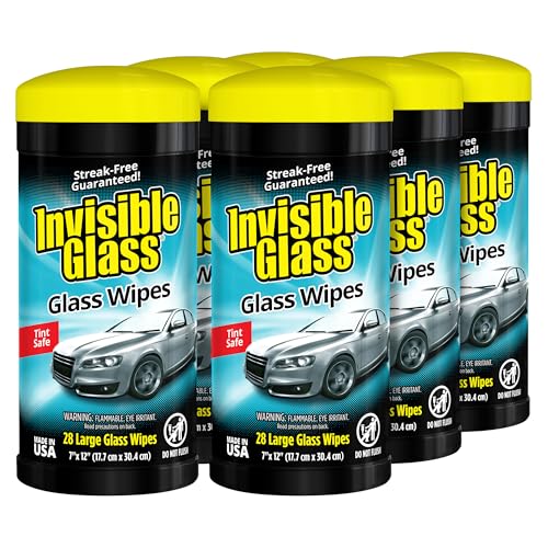 Image of Invisible Glass 90166-6PK Large Glass Cleaning Wipes for Streak-Free Windows, Mirrors, and Glass, Lint-Free, Ammonia-Free, Tint-Safe, for Home and Auto, Canister, 28 Count (Pack of 6)