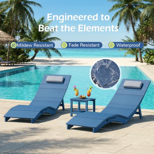 Image of Stoog Folding Pool Lounge Chairs Set of 2, Heavy Duty HIPS Anti-Floating Outdoor Chaise with Headrest for Hotel, Beach, Sun Deck, Blue