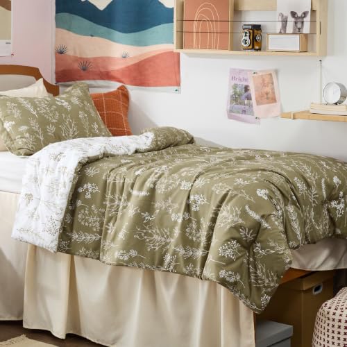 Image of Bedsure Olive Green Twin /Twin XL Comforter Set - Reversible Floral Bed Set, Soft Lightweight Bedding for Bedroom, 1 Soft Botanical Flowers Comforter and 2 Pillow Shams