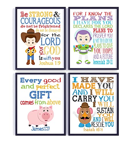 Toy Story Christian Nursery Set of 4 Unframed Prints - Woody, Buzz Lightyear, Mr. Potato Head and Hamm with Bible Verses
