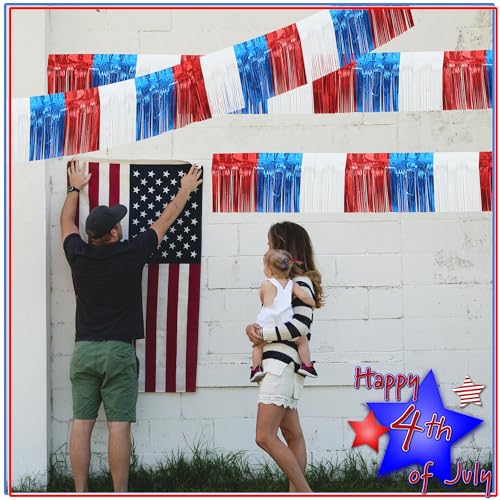 Image of 4 Pack 39 Feet Foil Fringe Garland Metallic Tinsel Streamers Banner Wall Hanging Fringe Backdrop Banner for Parade Floats Wedding Birthday Party Decoration (Royal Blue Red White)
